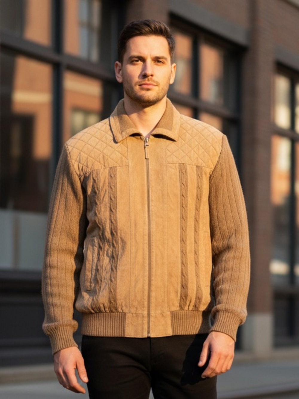 Vintage Original Windbreaker Leather Suede Knit Bomber Jacket Tan Large Western